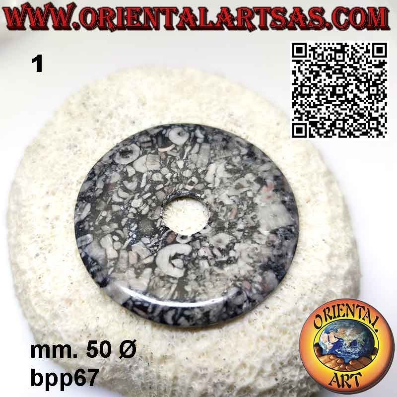 Fossil Jasper Disc/Donut Pendentif (50 mm. Ø, cordon inclus)