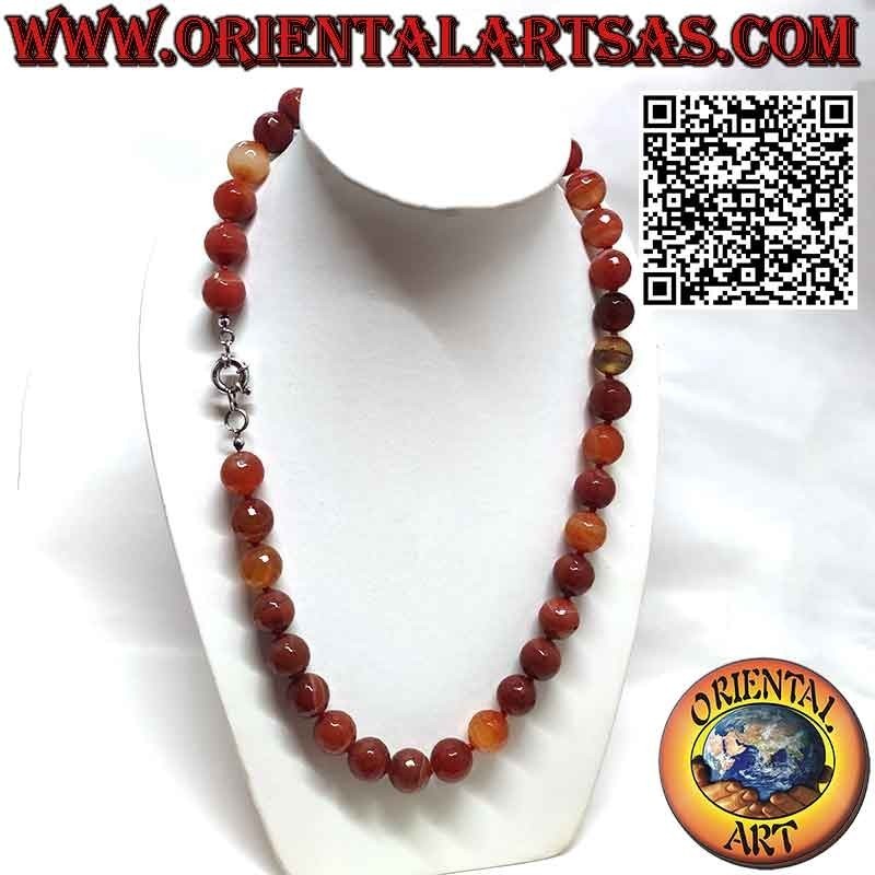 Fire Agate Necklace, 16mm Faceted Beads, Silver Clasp | Oriental Art