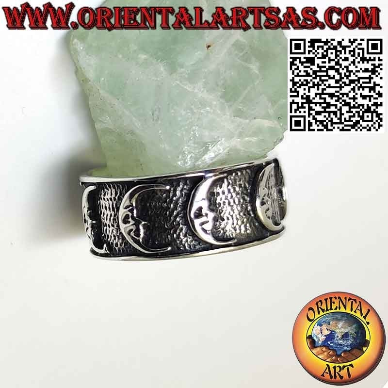 Bague en argent à large bande avec des lunes en haut relief