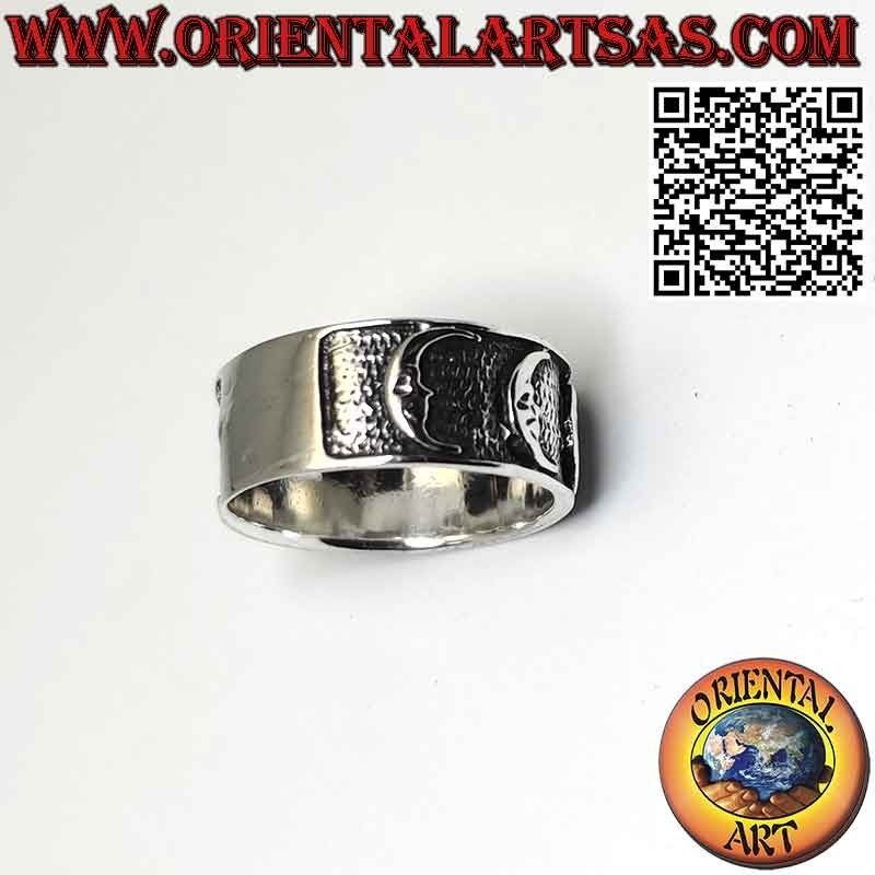 Wide band silver ring with high relief moons