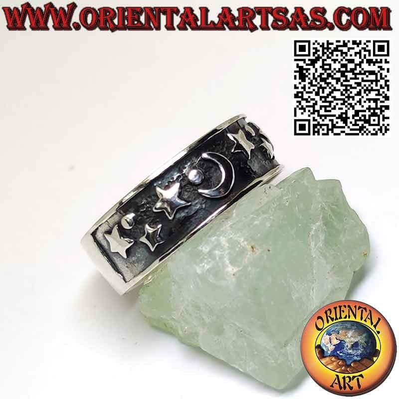 Wide band silver ring with high relief moons and stars