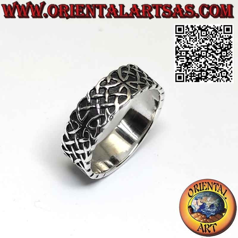 Bague large bande en argent avec double noeud celtique en haut relief