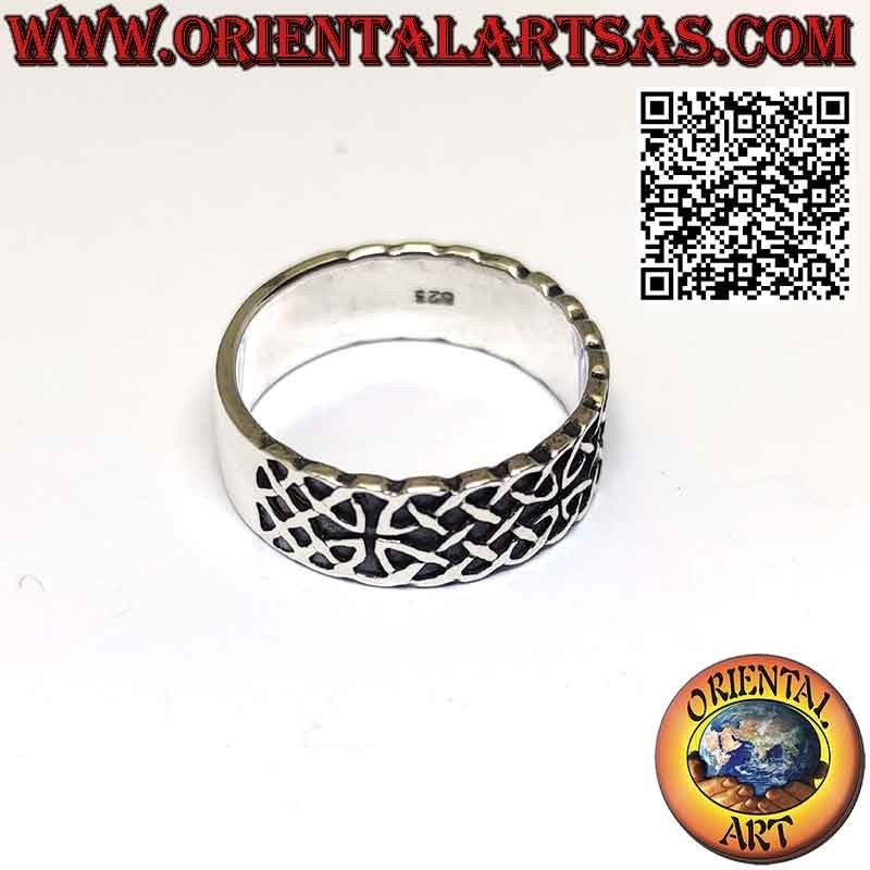 Bague large bande en argent avec double noeud celtique en haut relief
