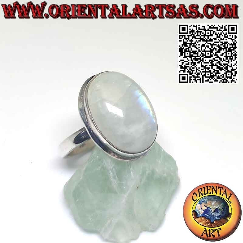 Silver ring, with simple large oval rainbow moonstone