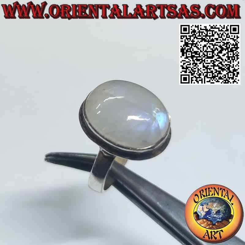 Silver ring, with simple large oval rainbow moonstone