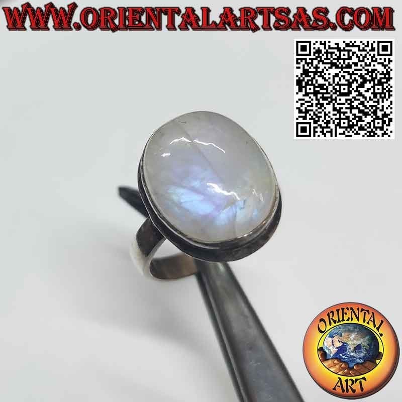 Silver ring, with simple large oval rainbow moonstone