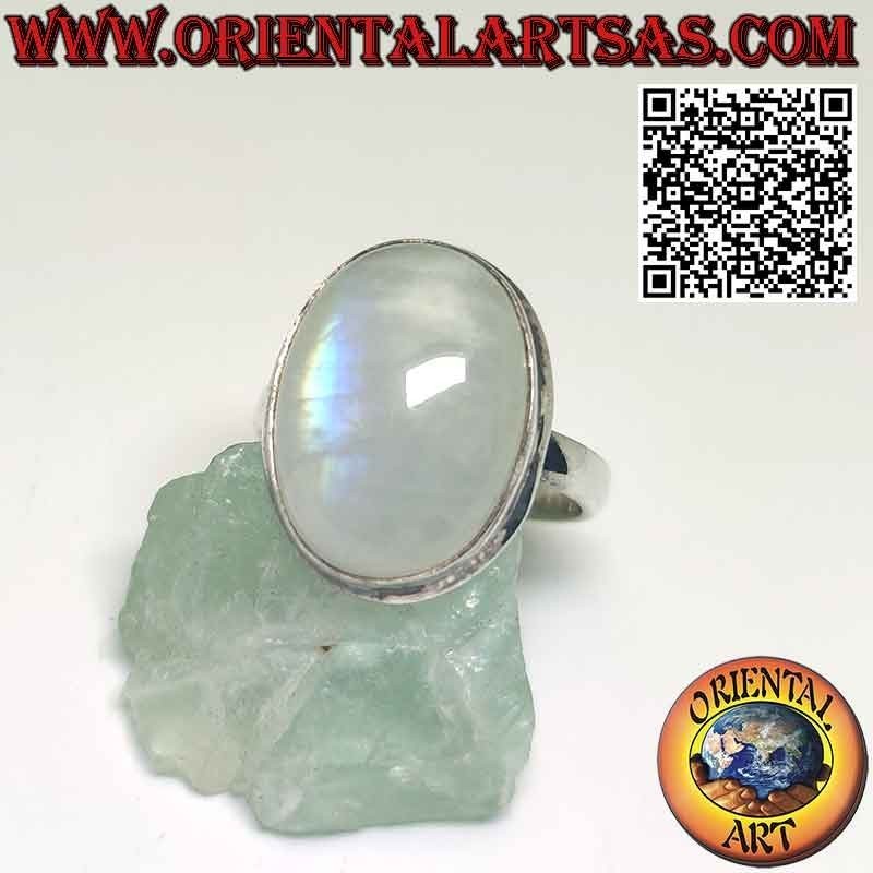 Anello in argento con pietra di luna arcobaleno ovale grande semplice