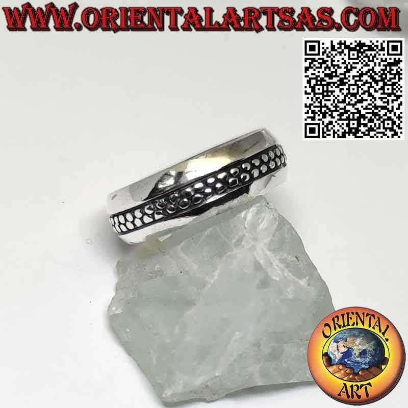 Bague en argent avec 2 rangées de points centraux et bordure arrondie