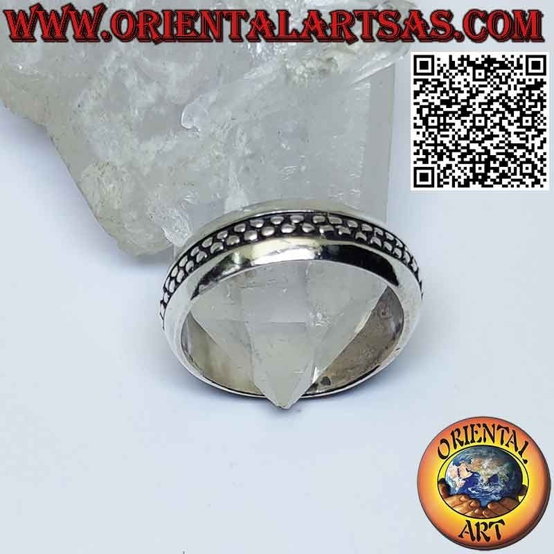 Silver band ring with 2 rows of central dots and rounded border