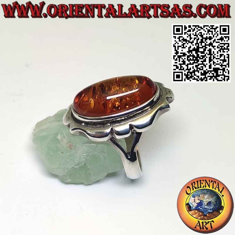 Silver ring with large oval Baltic amber border baroque frame