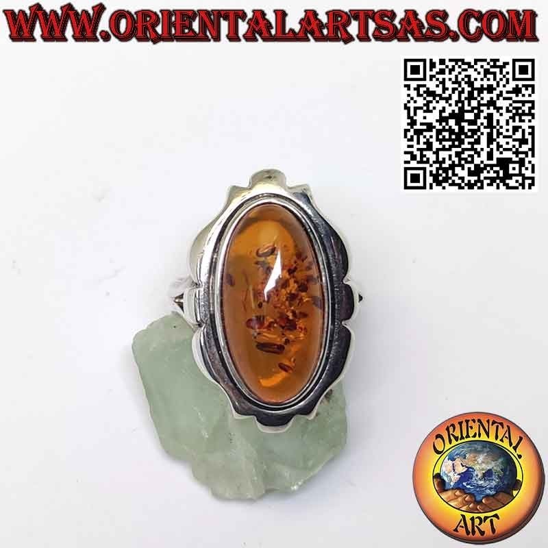 Anello in argento con ambra baltica ovale grande bordo cornice barocca