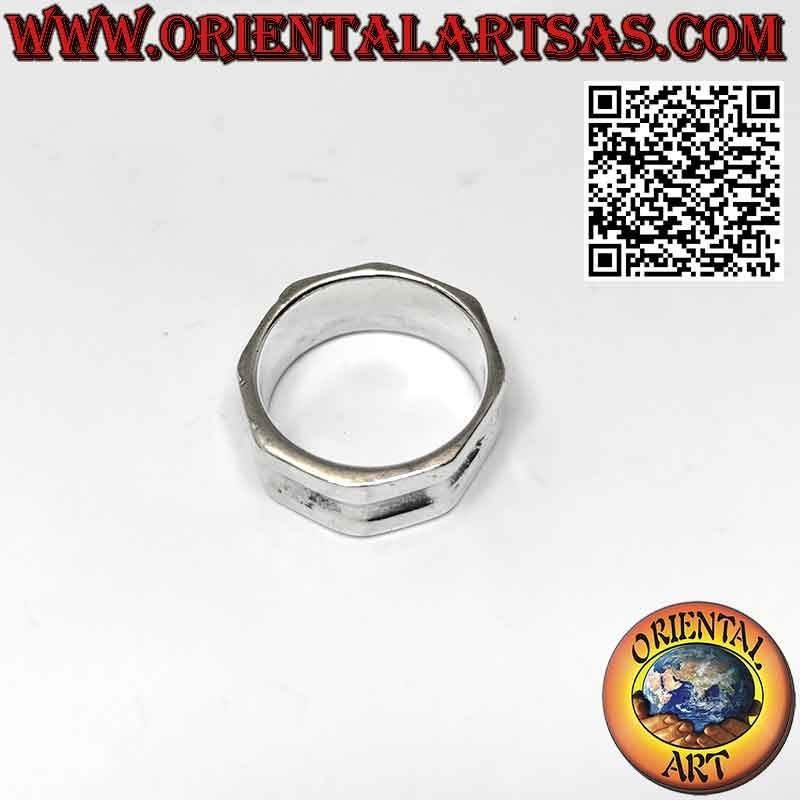 Bague large bande en argent à 8 pans octogonaux avec creux central
