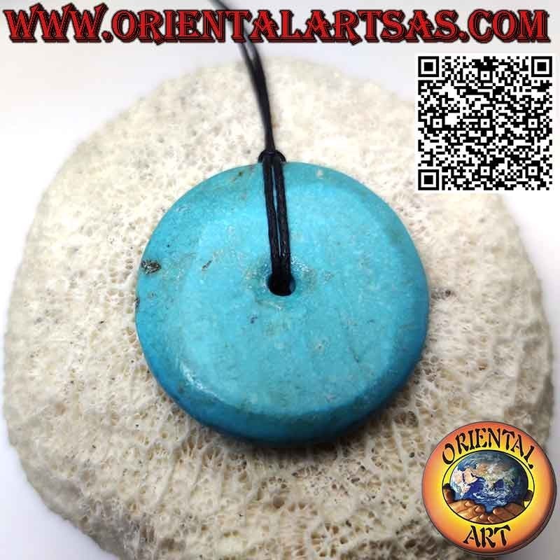 Pendentif disque/beignet turquoise tibétain, 40mm. Ø longe incluse
