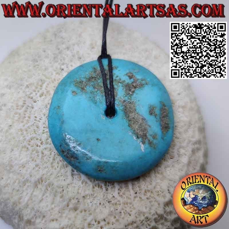 Ciondolo a disco/ciambella in turchese tibetano  da 40 mm. Ø cordoncino incluso