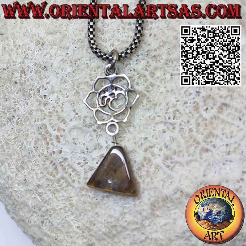 Silver pendant with ॐ om in lotus flower and triangle tiger eye