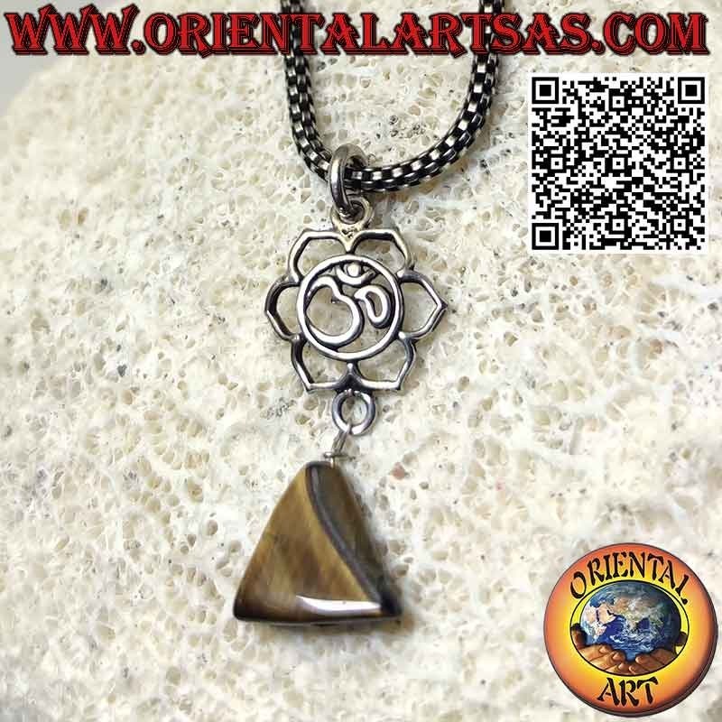 Pendentif en argent avec ॐ om en fleur de lotus et triangle oeil de tigre