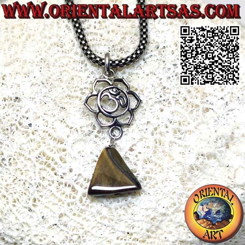 Silver pendant with ॐ om in lotus flower and triangle tiger eye