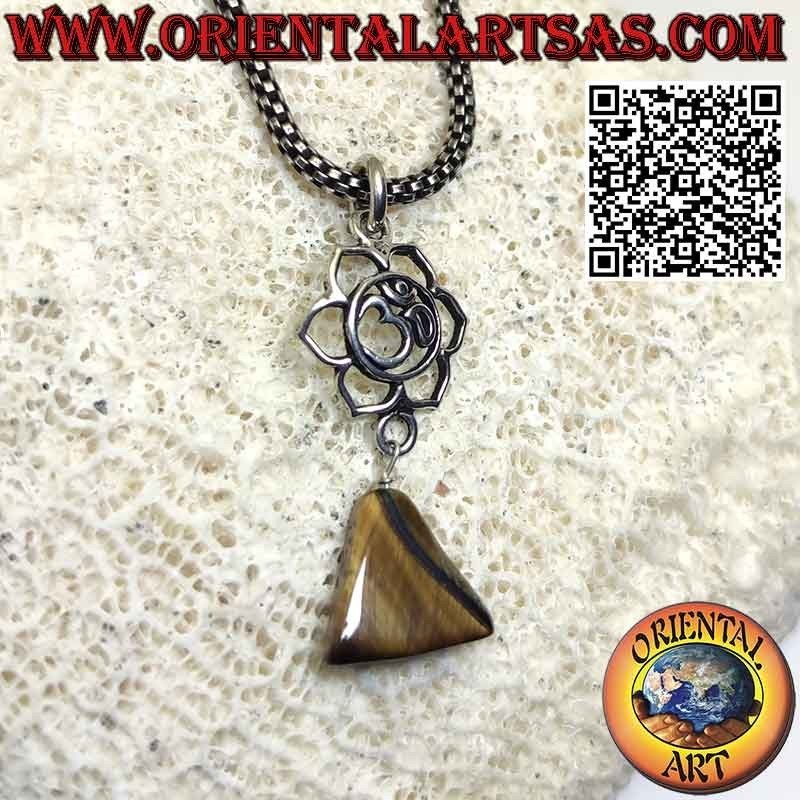 Silver pendant with ॐ om in lotus flower and triangle tiger eye