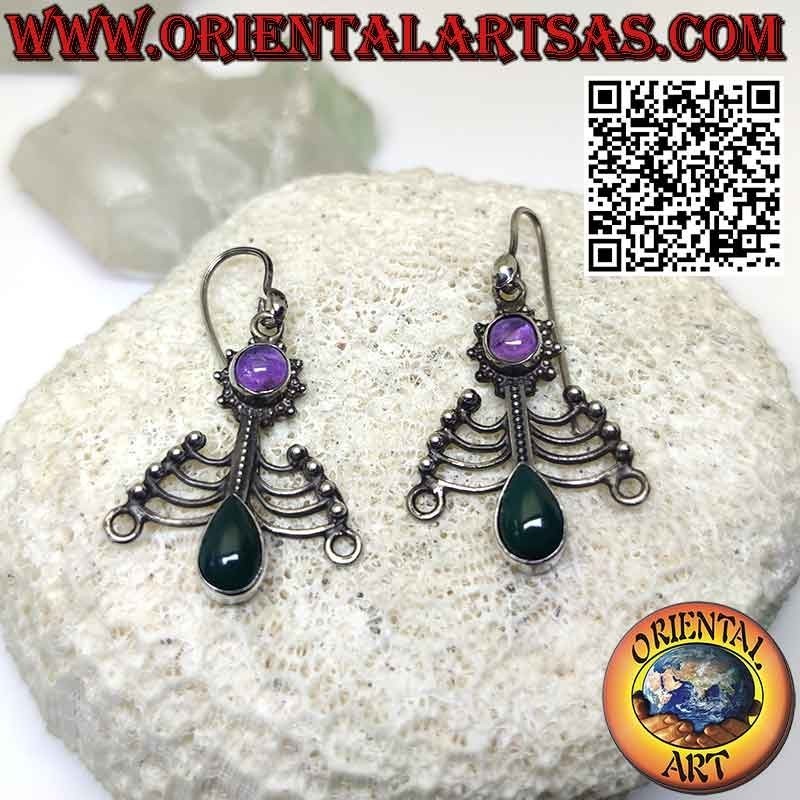 Boucles d'oreilles Chakra en argent avec améthyste ronde et agate verte goutte