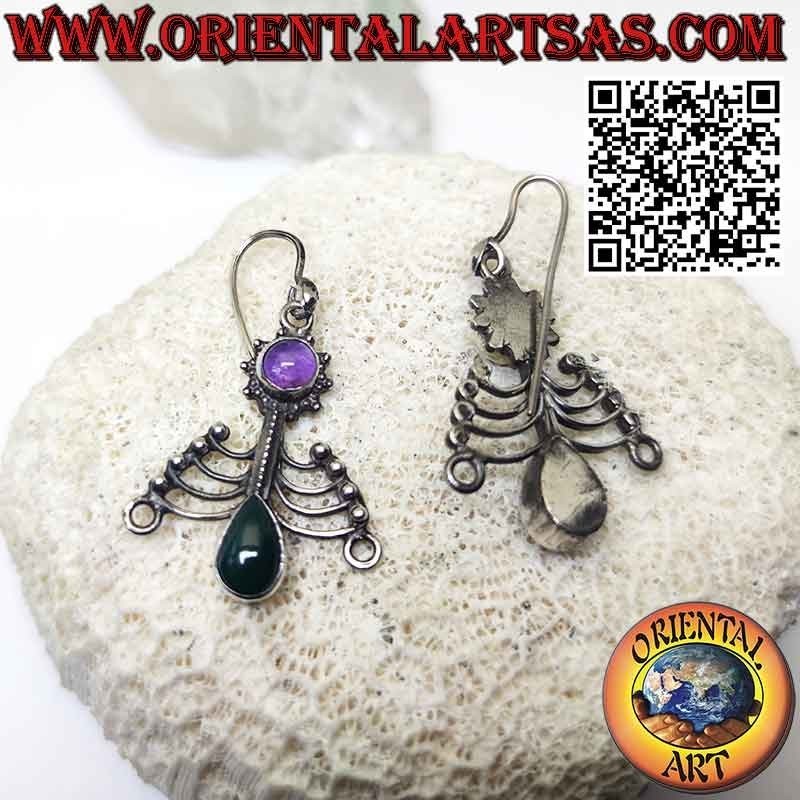 Pendientes Chakra de plata con amatista redonda y ágata verde gota
