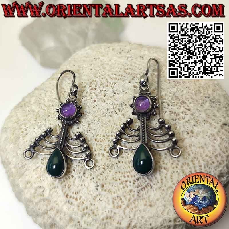 Chakra silver earrings with round amethyst and drop green agate