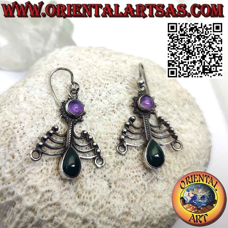 Pendientes Chakra de plata con amatista redonda y ágata verde gota