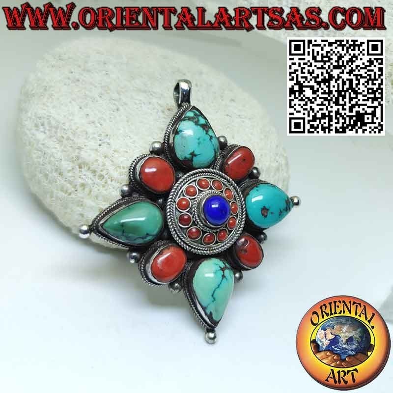 Pendentif en argent "Gao Kalachakra" avec turquoise et corail et lapis