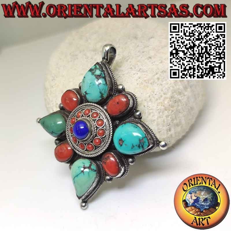 Ciondolo in argento "Gao Kalachakra" con turchese e corallo e lapis