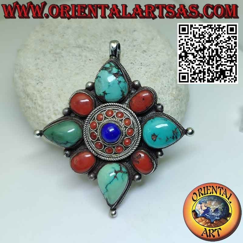 Pendentif en argent "Gao Kalachakra" avec turquoise et corail et lapis