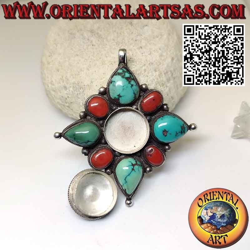 Ciondolo in argento "Gao Kalachakra" con turchese e corallo e lapis