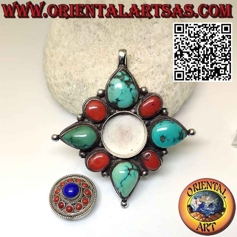 Silver pendant "Gao Kalachakra" with turquoise and coral and lapis