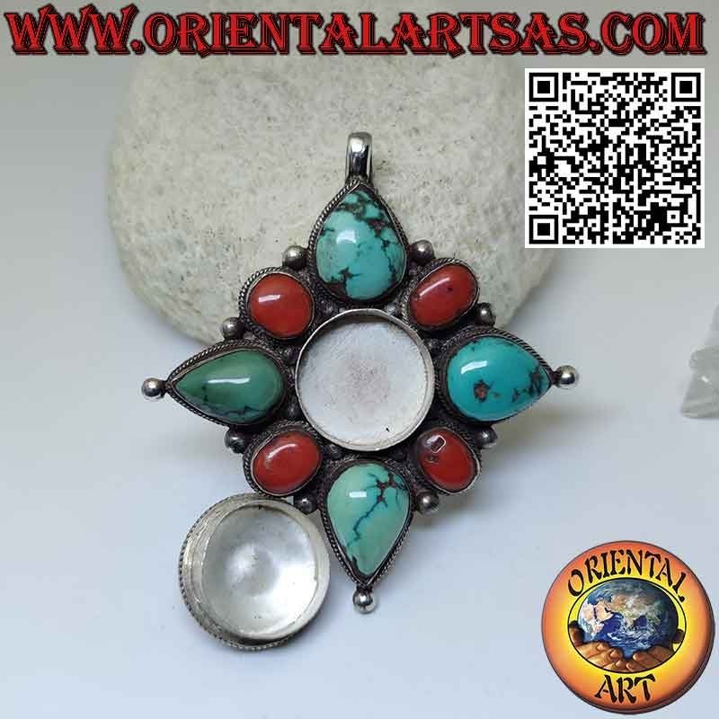 Colgante de plata Gao Kalachakra con turquesa tibetana antigua ovalada