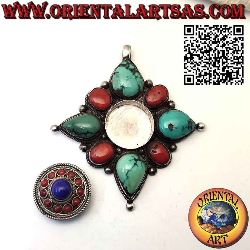 Silver pendant "Gao Kalachakra" with turquoise and coral and lapis