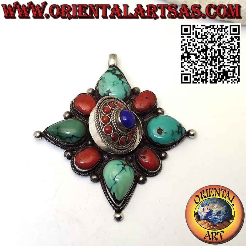 Colgante de plata Gao Kalachakra con turquesa tibetana antigua ovalada