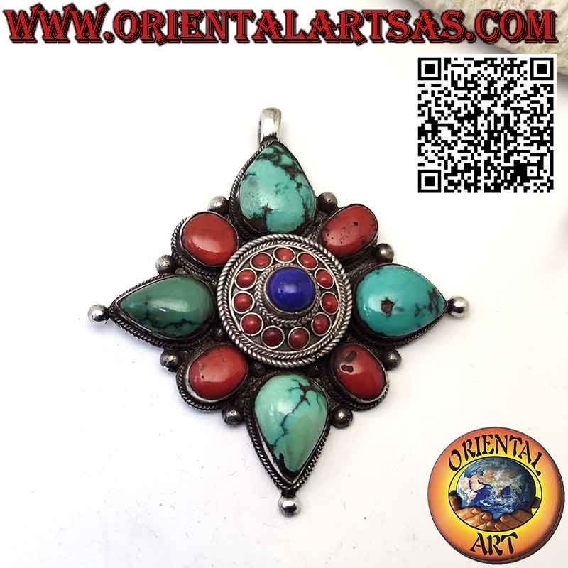 Pendentif en argent "Gao Kalachakra" avec turquoise et corail et lapis