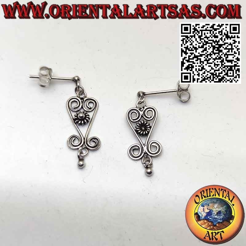 Silver earrings, small flower lobe pendant with spirals