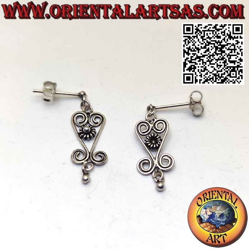 Silver earrings, small flower lobe pendant with spirals