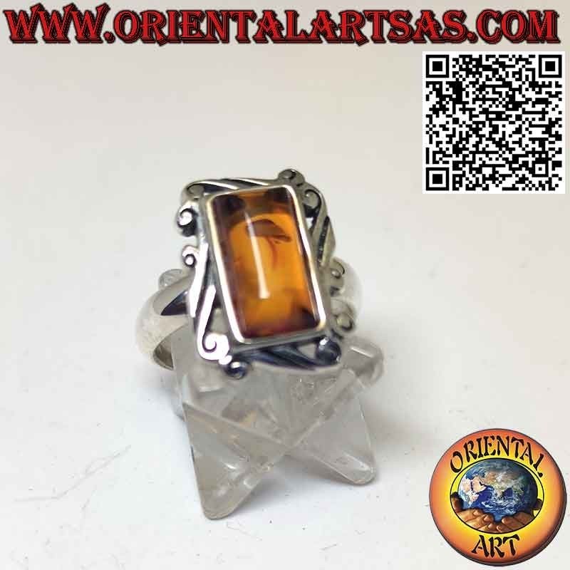 Silver ring with rectangular Baltic amber and baroque frame edge