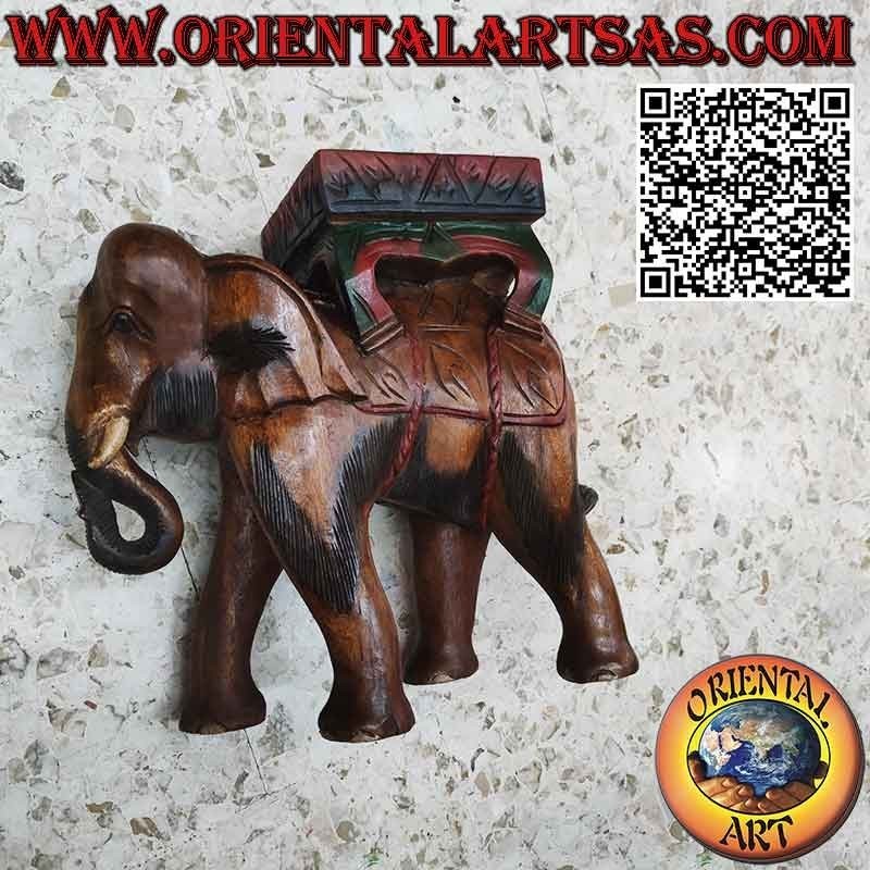 Scultura elefante indiano con baldacchino a piano d'appoggio in unico blocco di legno da 50 cm