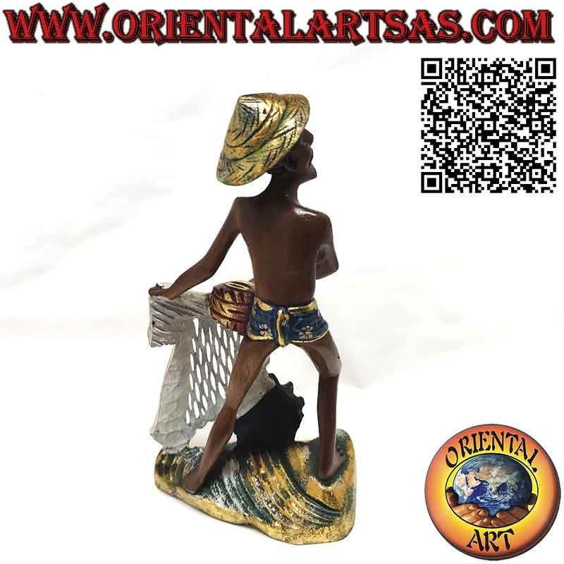Beautiful and refined wooden sculpture of a fisherman with a net
