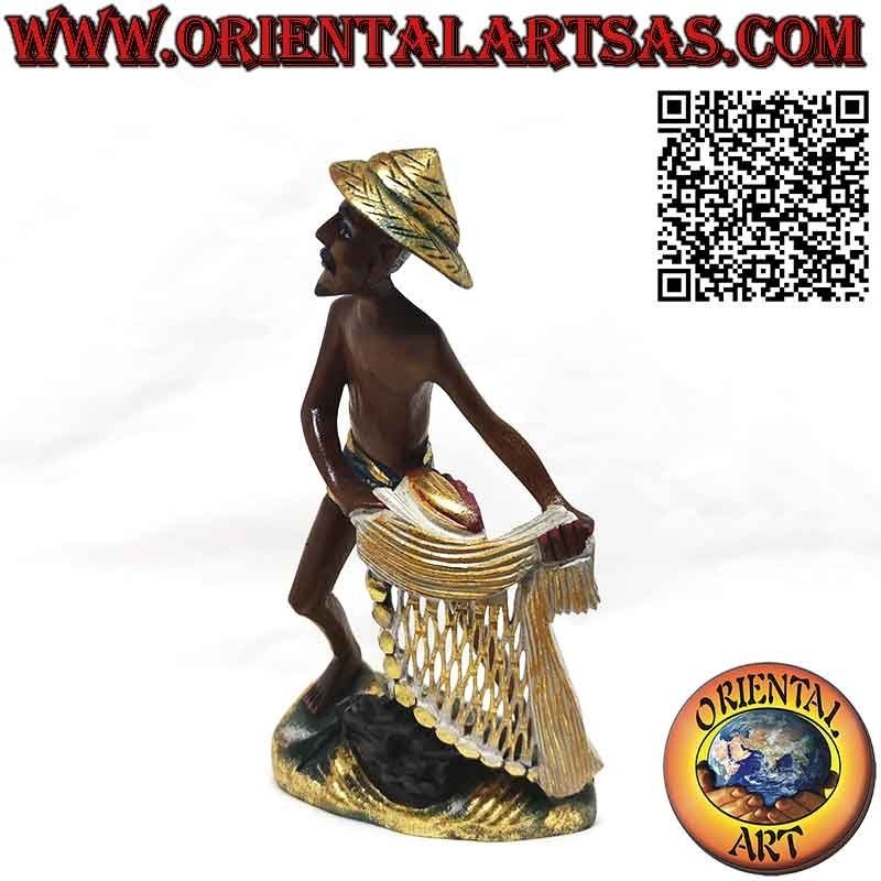 Beautiful and refined wooden sculpture of a fisherman with a net