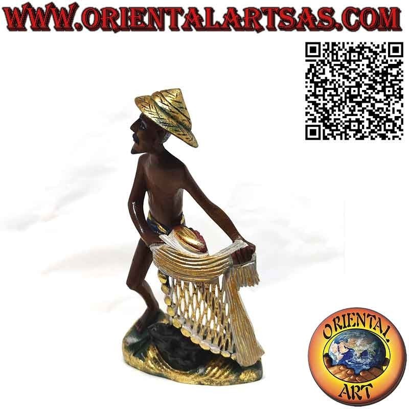 Beautiful and refined wooden sculpture of a fisherman with a net