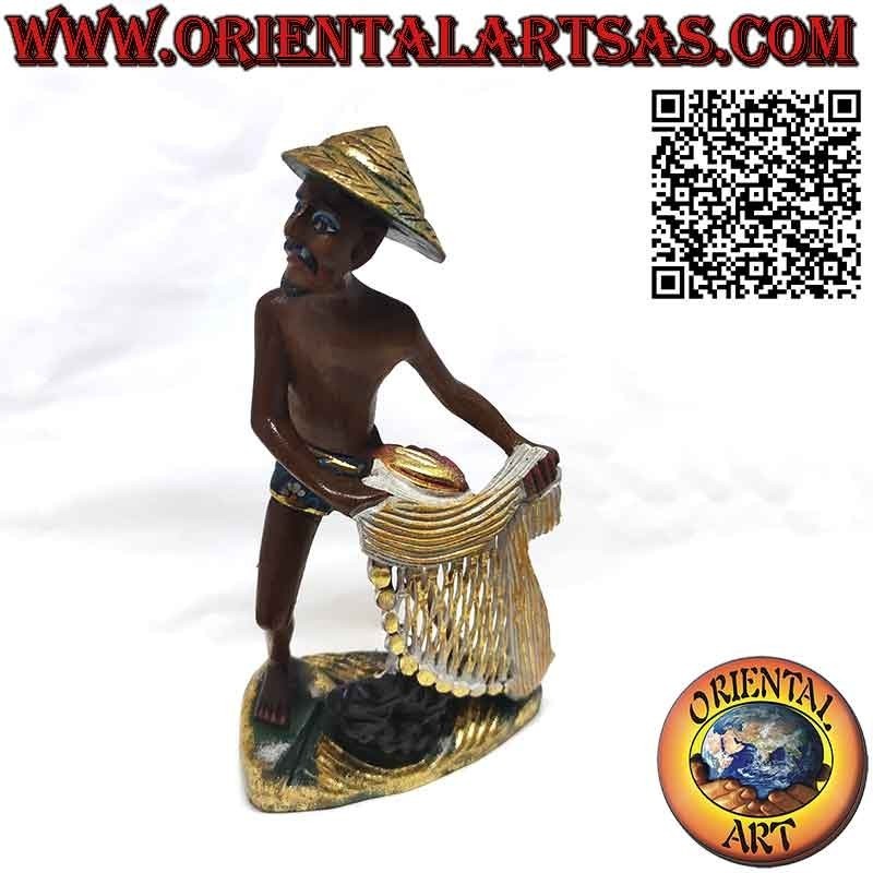 Beautiful and refined wooden sculpture of a fisherman with a net
