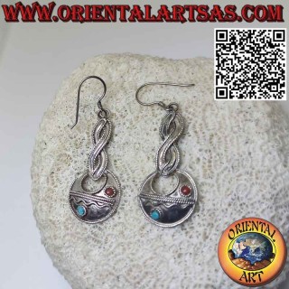 Boucles d'oreilles en argent, rosace avec turquoises et coraux tibétains et coeur
