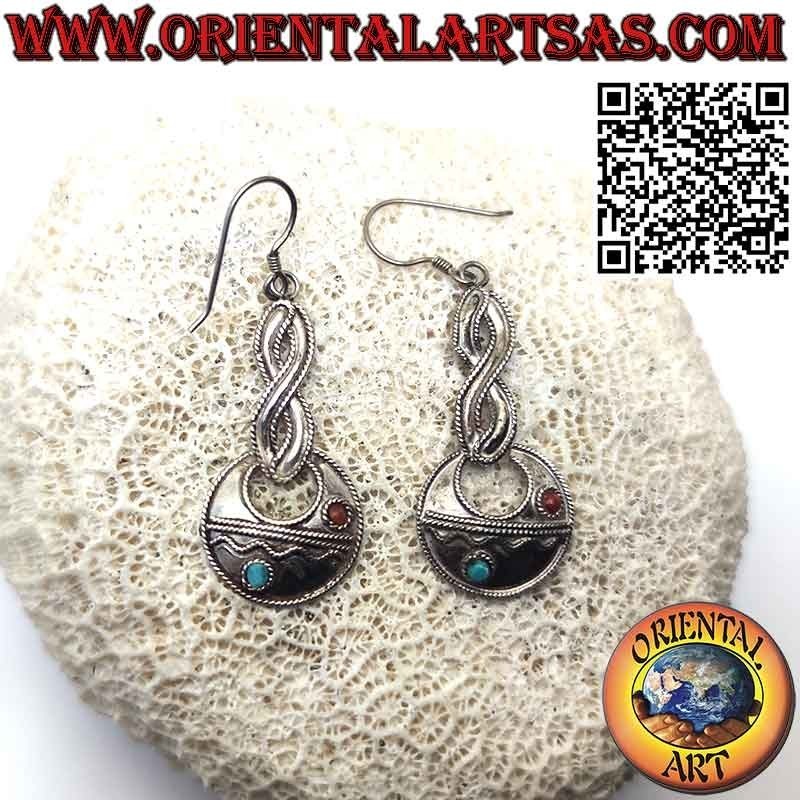 Boucles d'oreilles en argent, rosace avec turquoises et coraux tibétains et coeur