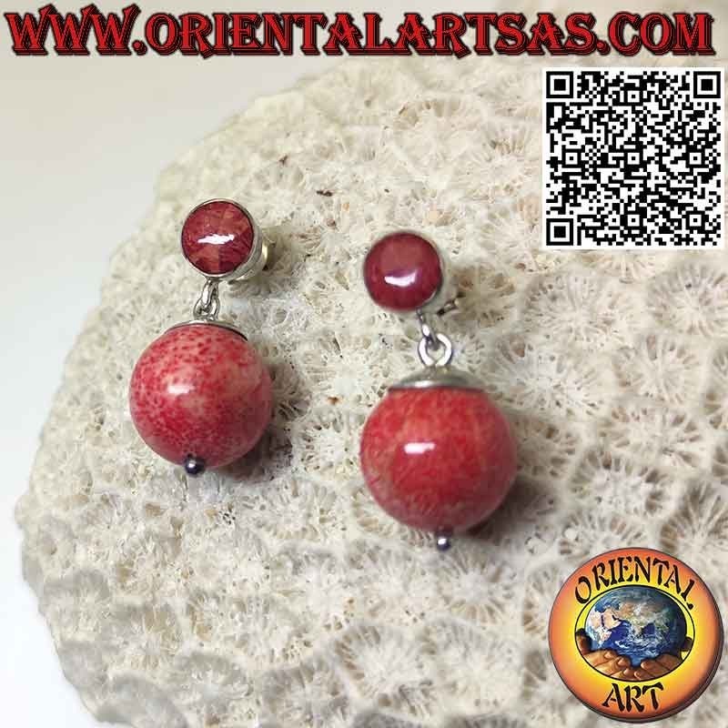 Pendientes de lóbulo de plata con coral rojo y colgante de esfera
