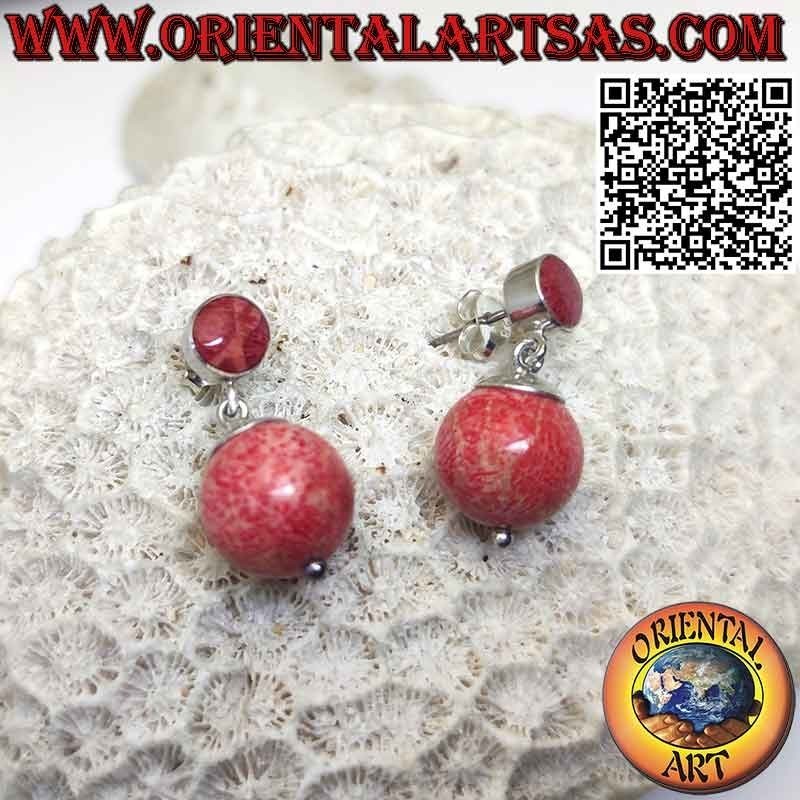 Silver lobe earrings with red coral and a pendant sphere