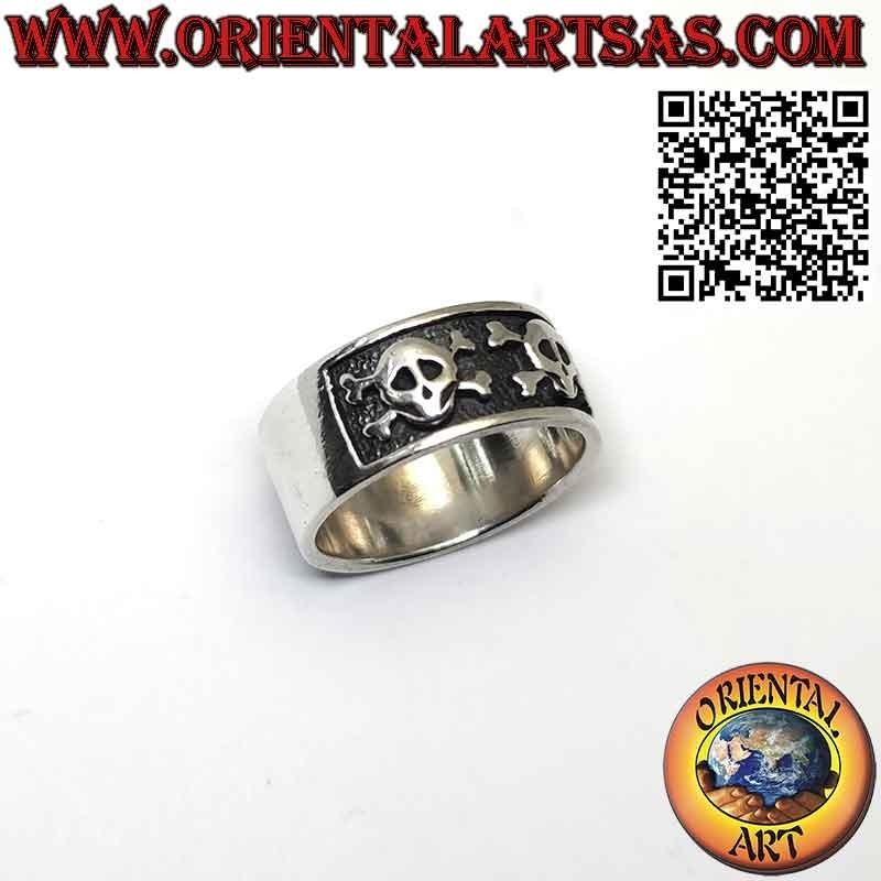 Wide band silver ring with 5 skulls with high relief bones