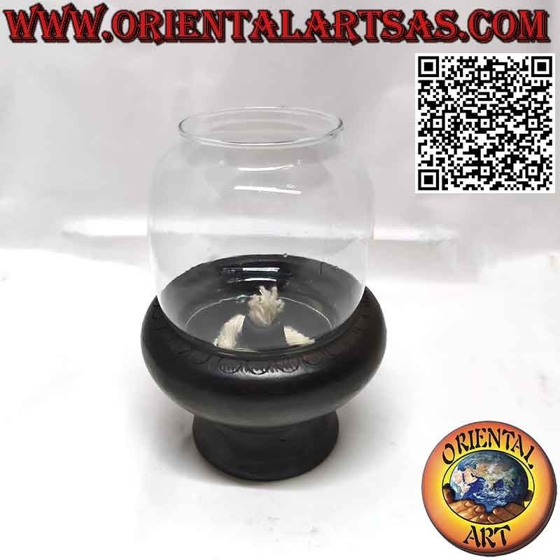 Terracotta oil lamp with handmade glass cylinder