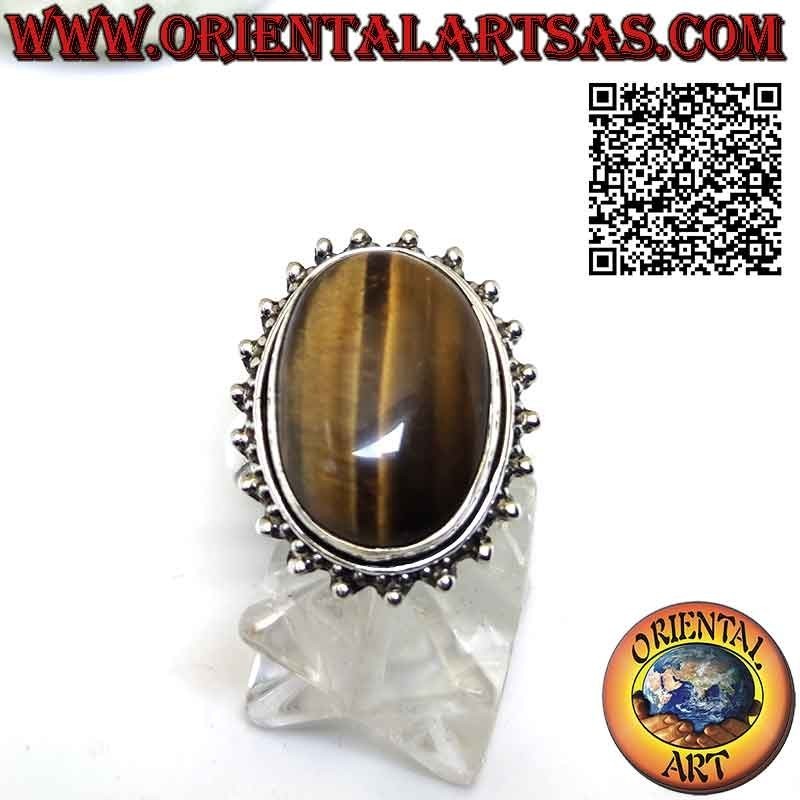 Anello in argento a fiore con occhio di tigre ovale grande a cabochon contornato da puntini